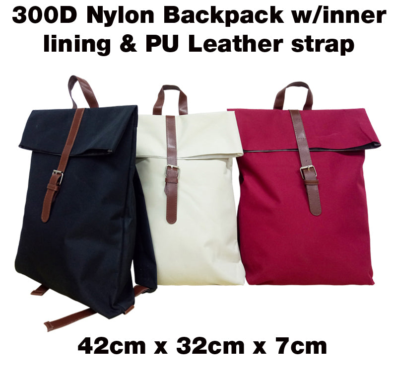 300D Nylon Backpack w/inner lining & PU Leather strap