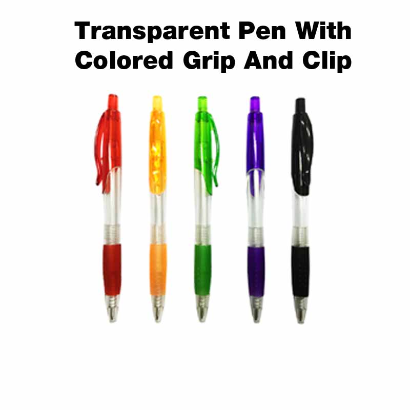 Transparent Pen with Coloured Grip and Clip