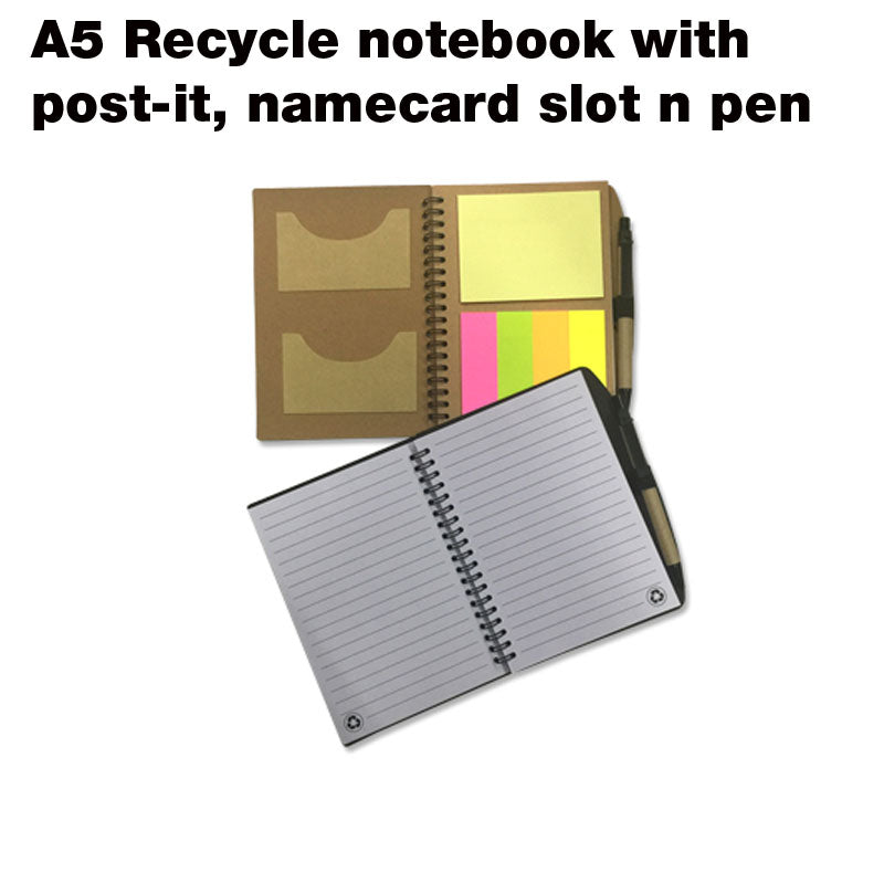 A5 Recycled Notebook with Post-it, Name Card Slot & Pen
