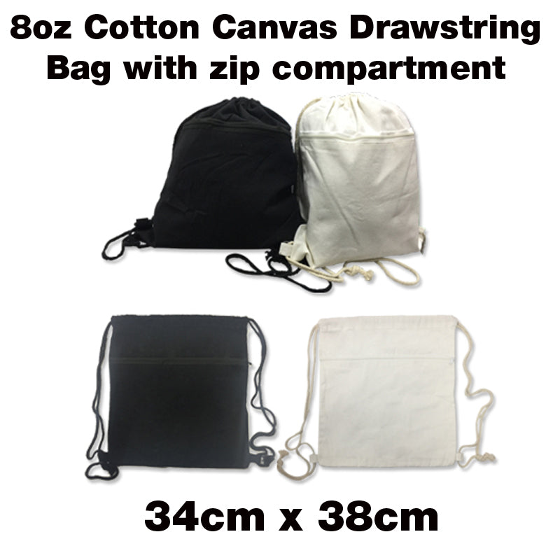 8oz Cotton Canvas Drawstring Bag with zip compartment