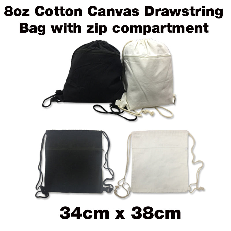 8oz Cotton Canvas Drawstring Bag with Zip Compartment