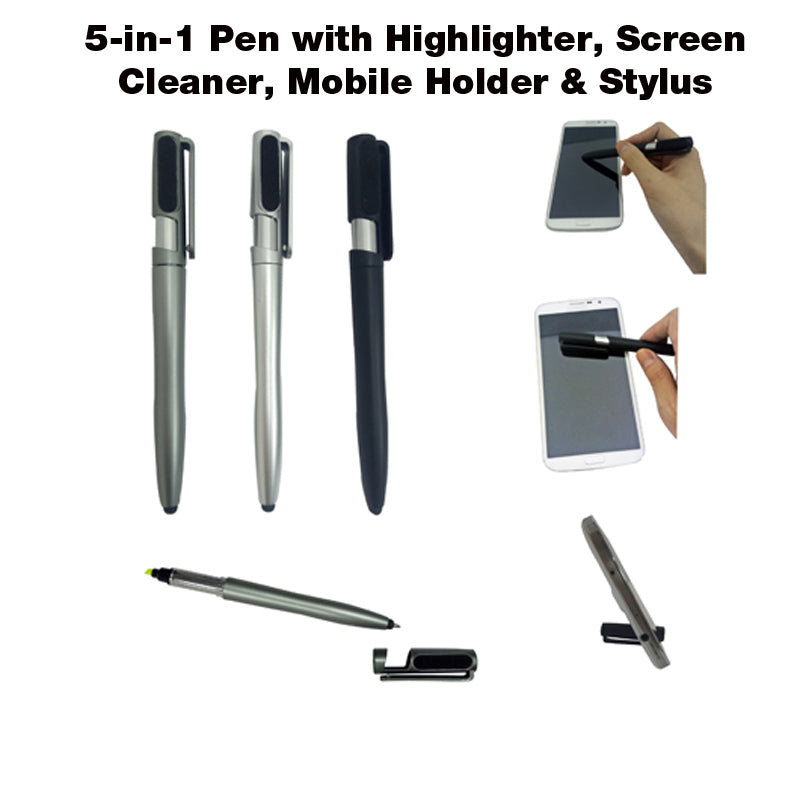 5-in-1 Pen with Highlighter, Screen Cleaner, Phone Holder & Stylus