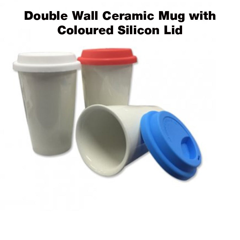 Double-Wall Ceramic Mug with Coloured Silicone Lid