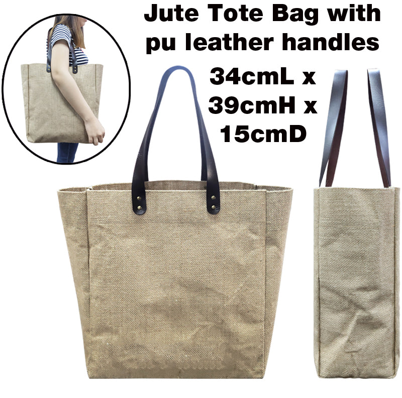 Jute Tote Bag with PU Leather Handles