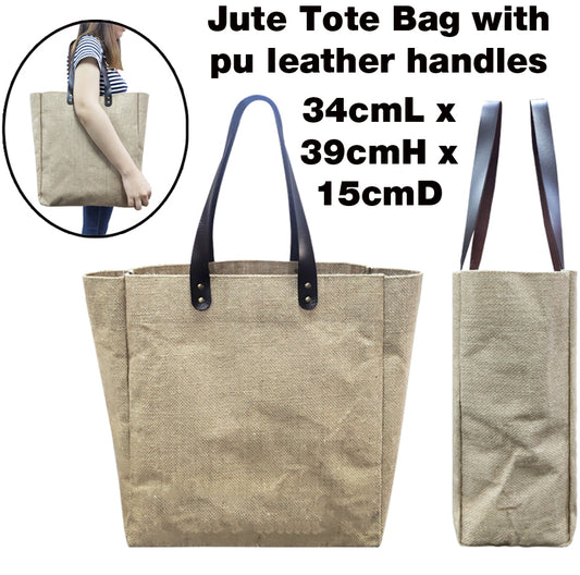 Jute Tote Bag with pu leather handles