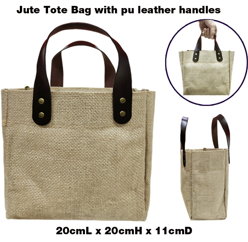 Jute Tote Bag with PU Leather Handles