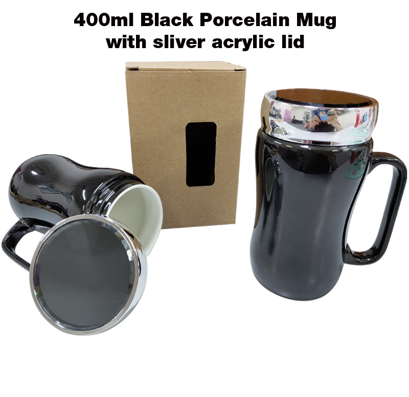 400ml Black Porcelain Mug with Silver Acrylic Lid