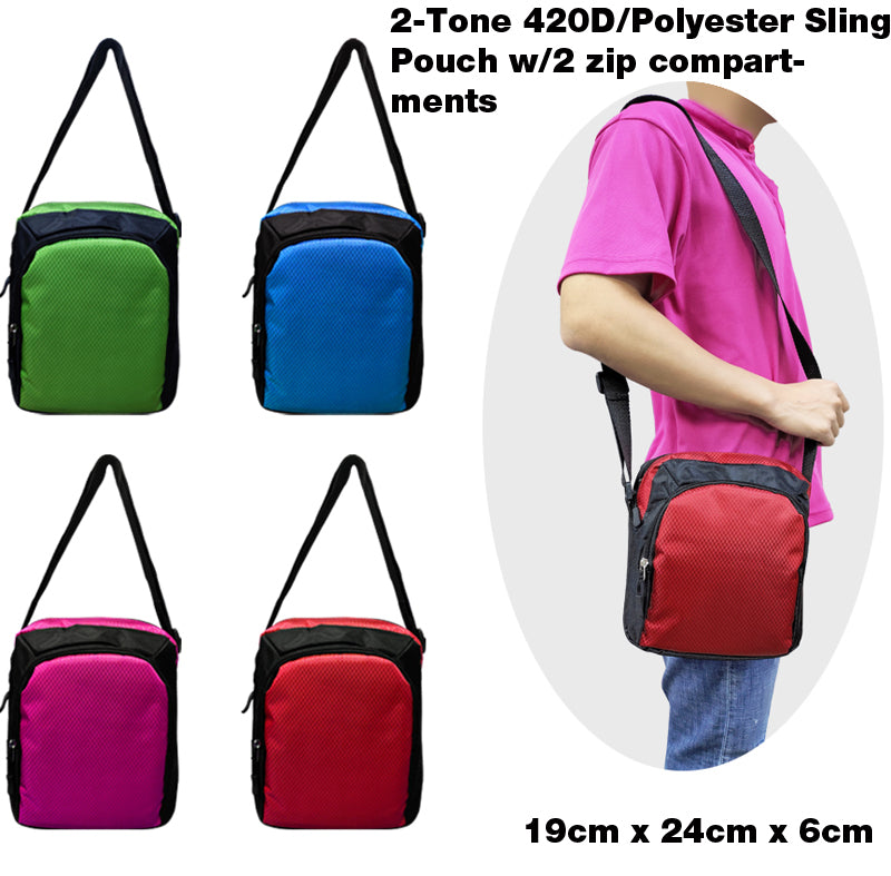 2-Tone 420D Polyester Sling Pouch with 2 Zip Compartments