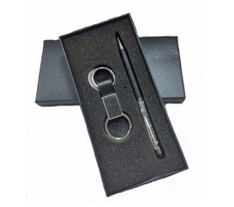 PU Leather Keychain & Crystal Metal Pen Set