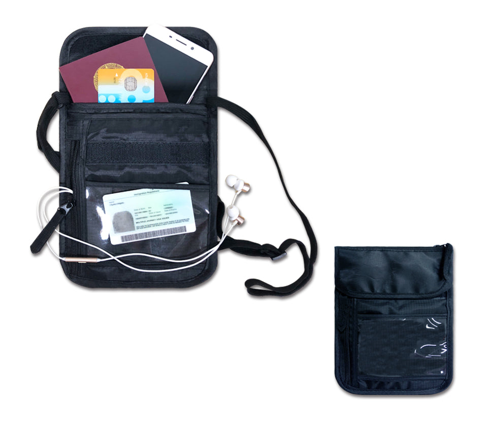 Black Nylon Travel Neck Pouch with 4 Slots & 2 Zip Compartments